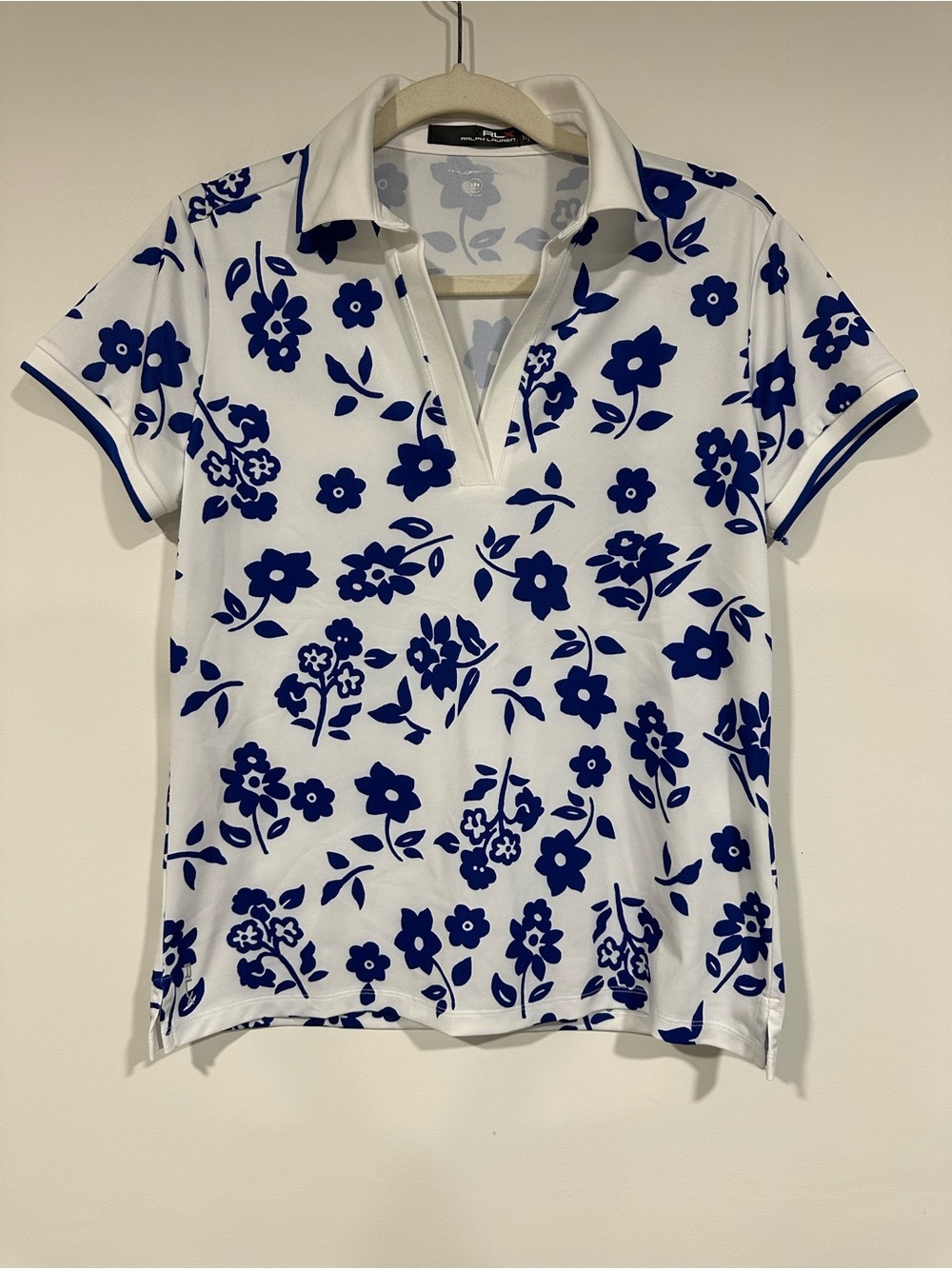 RLX Ralph Lauren Polo Shirt Womens Medium Floral Tailored Fit Golf Blue White